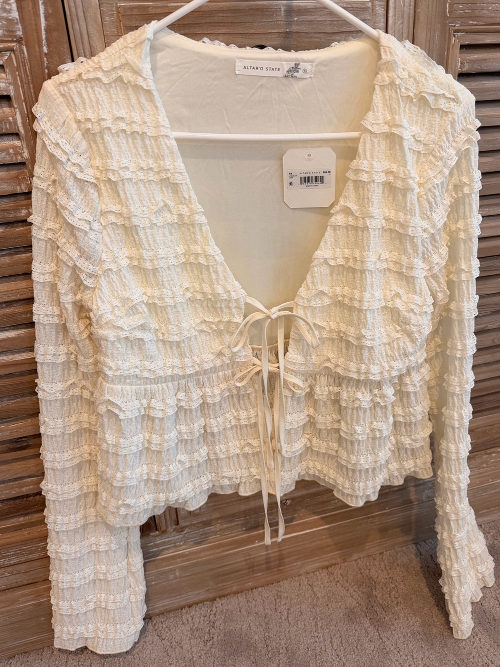 NWT Altar'd State Ivory Ruffle Tie-Front Tunic Top (Size Small)